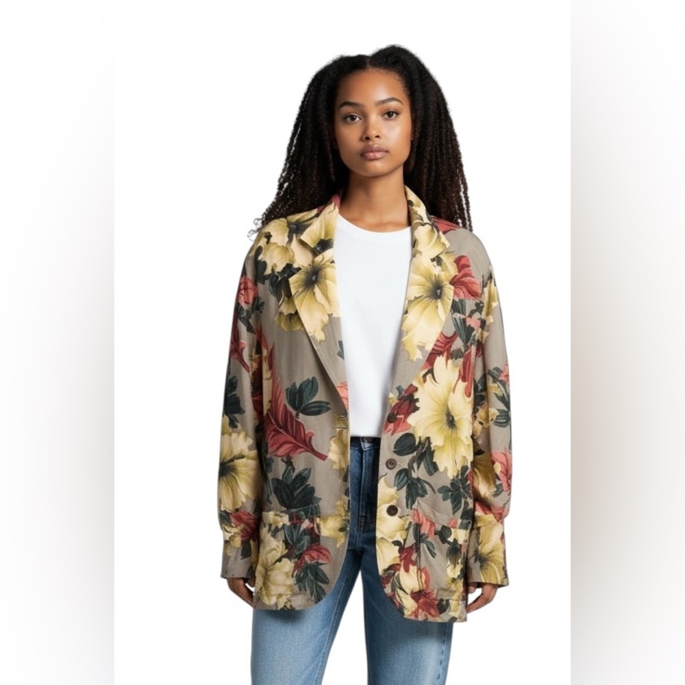 VTG Anne Pinkerton Blazer S Floral Hawaiian Print Coconut Girl White Lotus